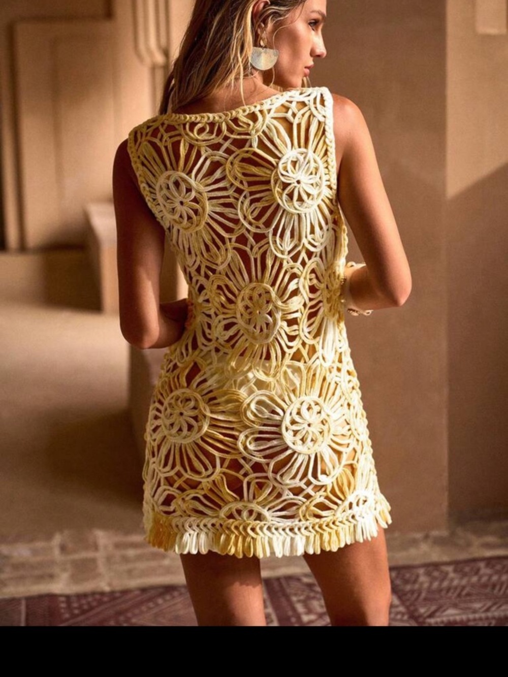 Crochet Floral Mini Dress ( Cover up) in Pale Yellow - - Picture 5 of 7